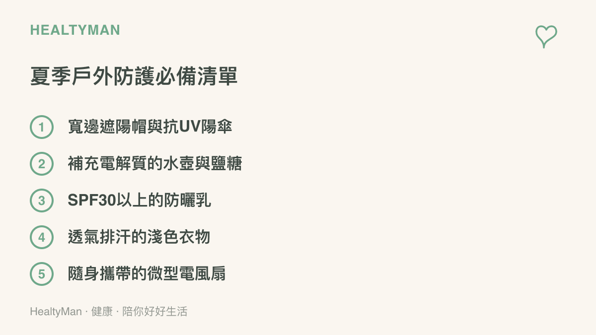 清單圖卡列出夏季戶外防護的五項必備物品，包含遮陽帽、電解質水壺、防曬乳、淺色衣物與微型風扇