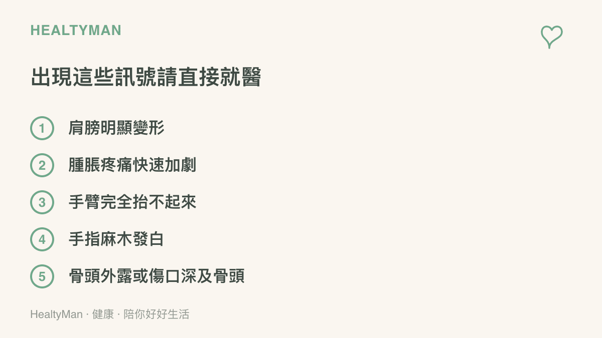 依序列出摔車後應立即就醫的五種警訊：肩膀明顯變形、腫脹疼痛快速加劇、手臂完全抬不起來、手指麻木發白，以及骨頭外露或深及骨頭的開放性傷口