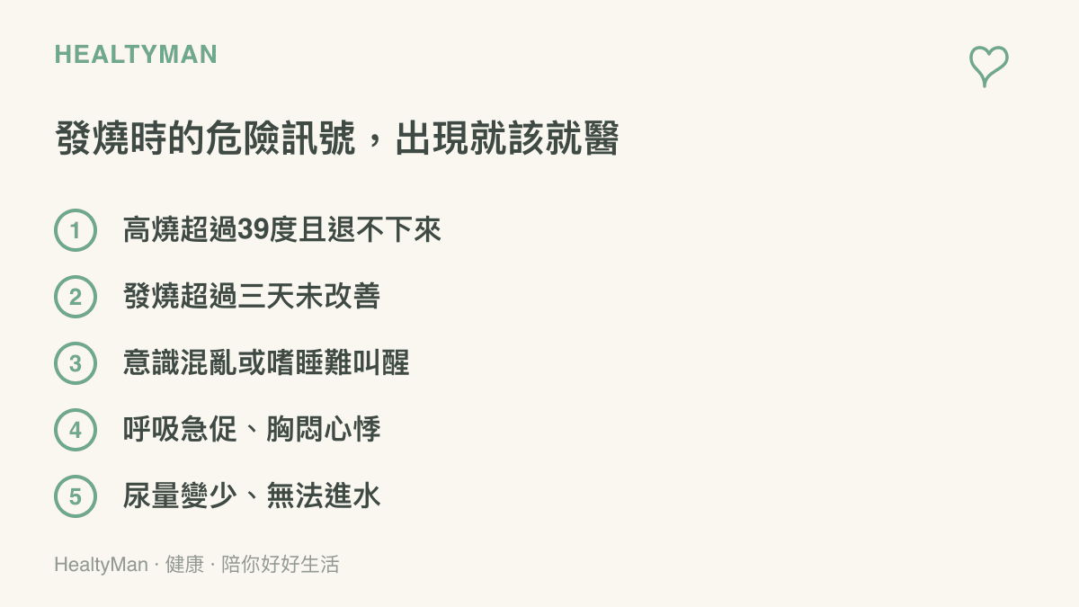圖卡列舉五個發燒危險訊號，包含持續高燒、發燒超過三天、意識改變、呼吸急促或胸悶心悸，以及脫水與無法進水，提醒出現時應盡快就醫