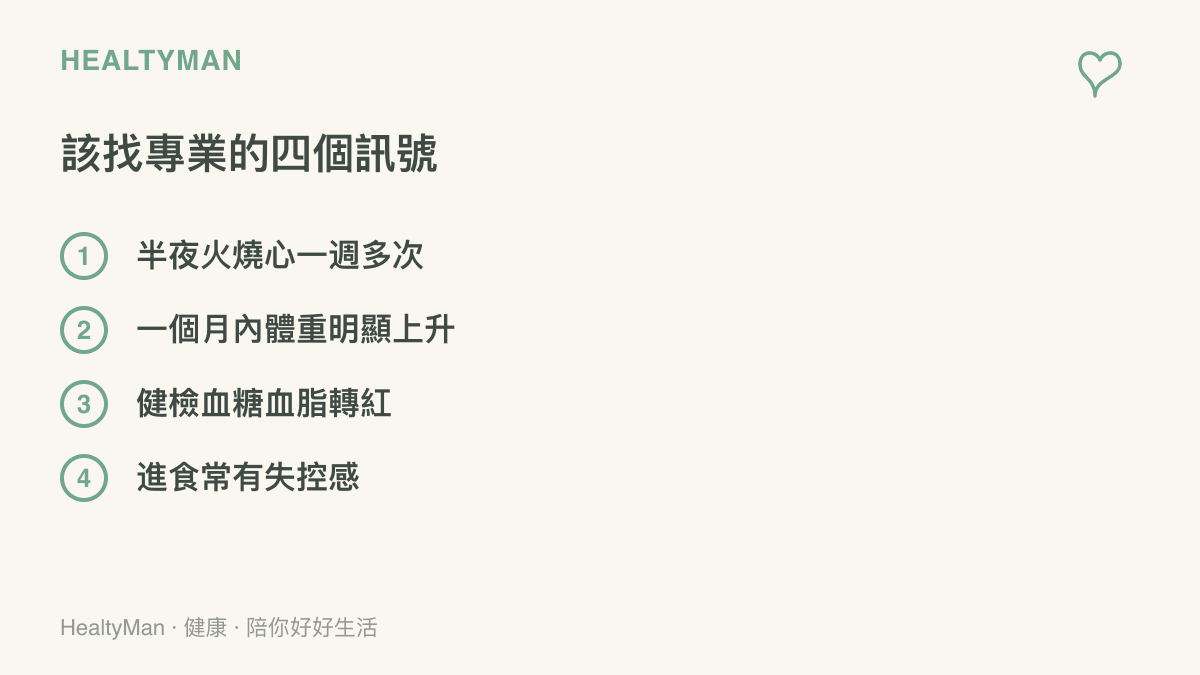 清單提醒四個值得諮詢專業的訊號：半夜火燒心一週多次、一個月內體重明顯上升、健檢血糖血脂出現紅字、進食時常有停不下來的感覺