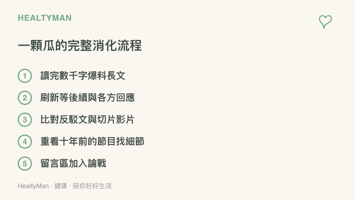 清單圖列出網友消化一篇爆料文的五個階段，從讀長文、刷新等後續、比對反駁文與切片、重看舊節目找細節，到進留言區加入論戰