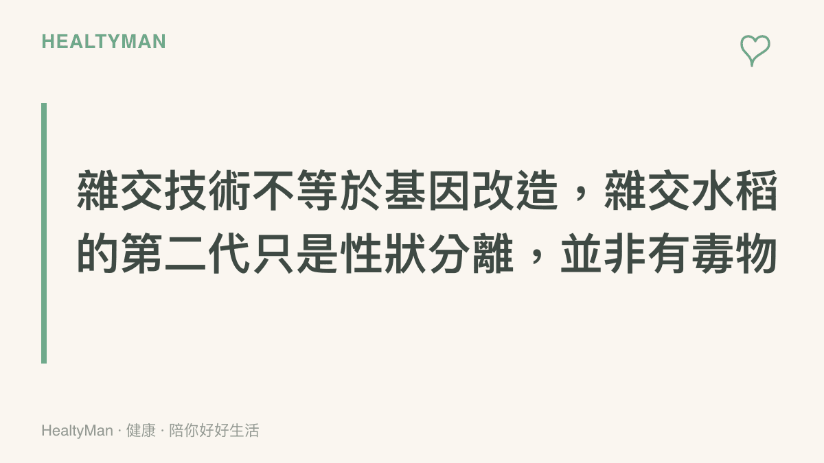圖卡說明雜交水稻與基因改造作物的差異，解釋第二代種子失去產量優勢是自然遺傳現象。