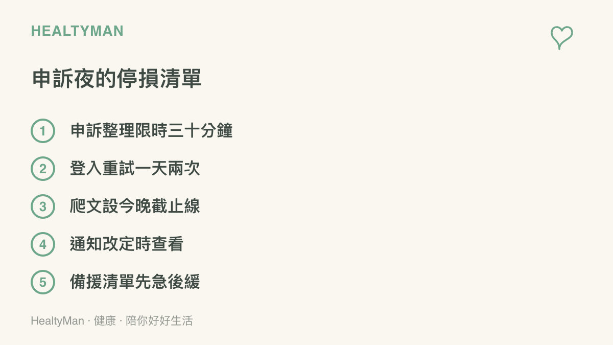 畫面列出帳號申訴期間的五個停損做法，包含限時整理申訴、限制登入重試次數、爬文設截止時間、通知改定時查看與備援清單先處理急件