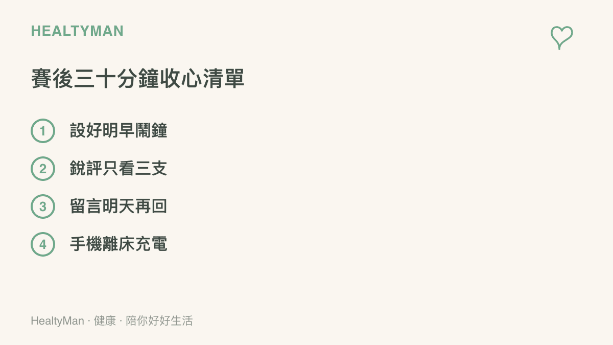 清單圖卡列出賽後三十分鐘的四個收心步驟：設好明早鬧鐘、銳評只看三支、留言明天再回、手機離牀充電