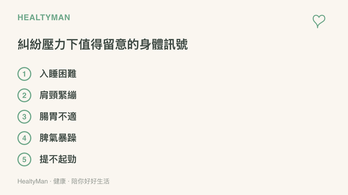 圖面列出長期糾紛壓力下常見的五個身體訊號：入睡困難、肩頸緊繃、腸胃不適、脾氣變暴躁、對事物提不起勁