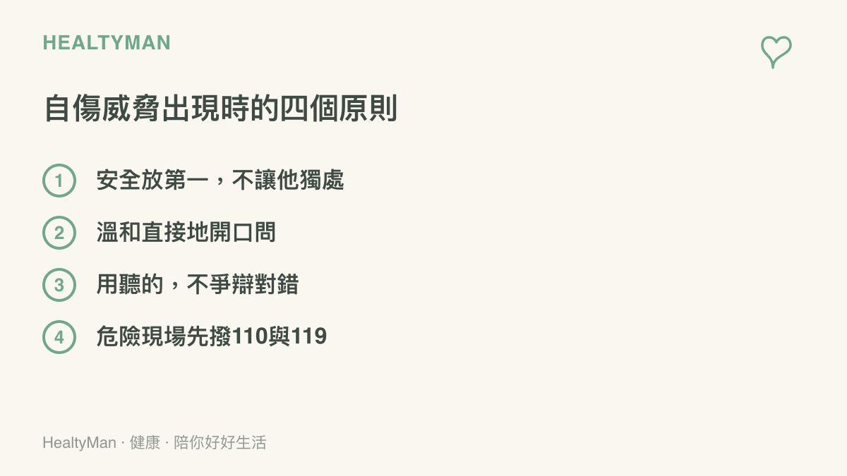 列出自傷威脅出現時的四個應對原則：安全第一且不讓對方獨處、溫和直接詢問、傾聽而不爭辯，以及人在危險現場時先撥打110與119交給專業救援
