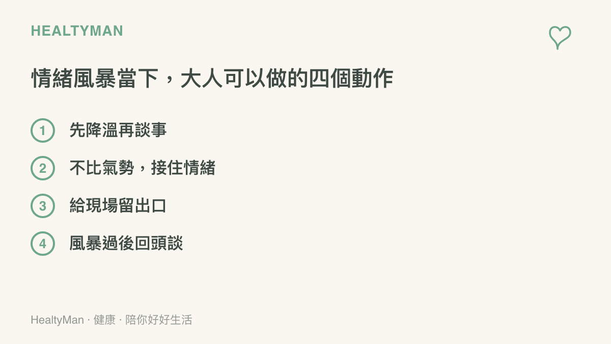 圖卡呈現面對孩子情緒風暴時大人可以做的四個動作：先降溫再談事情、不比氣勢並接住情緒、喊暫停給彼此緩衝、風暴過後另找時間回頭談