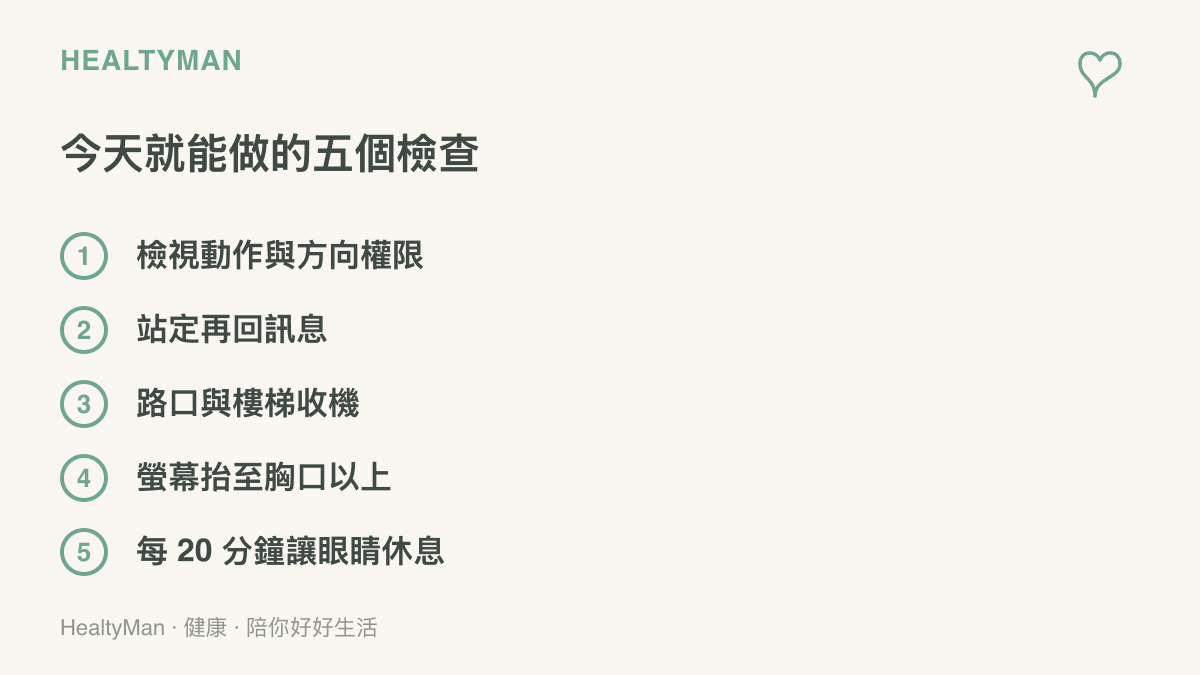 清單圖列出今天就能做的五個手機使用檢查，包括檢視動作與方向權限、站定再回訊息、路口與樓梯收起手機、把螢幕抬到胸口以上，以及每 20 分鐘讓眼睛休息