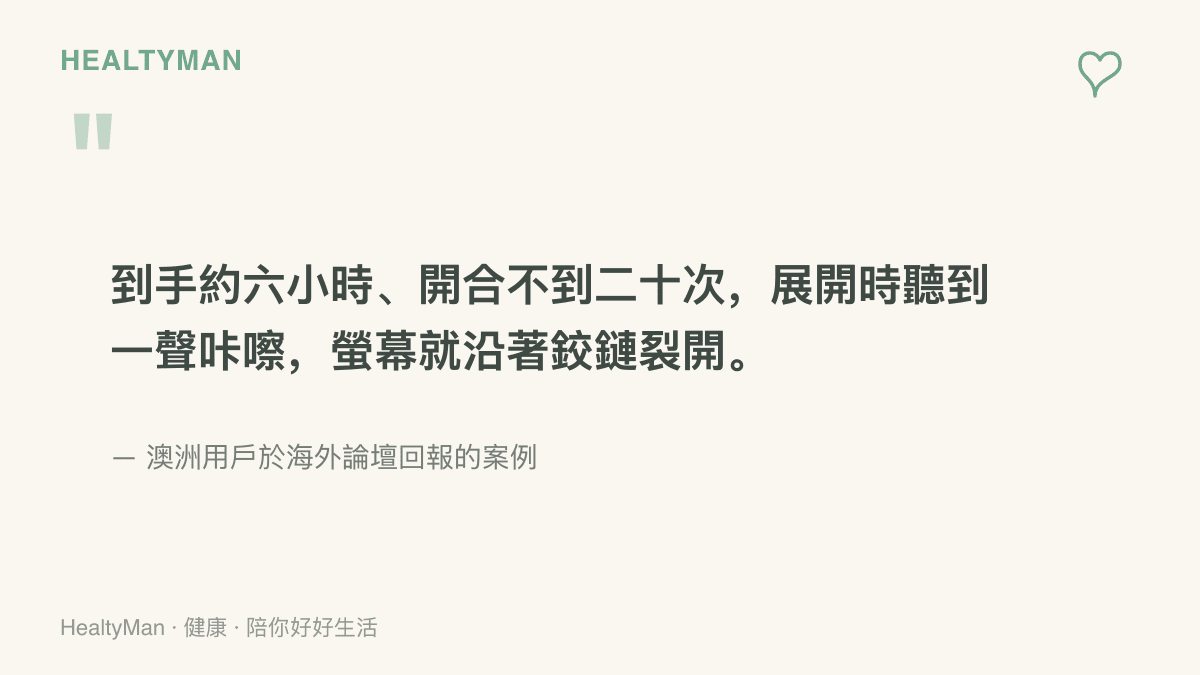 引言圖卡摘錄海外用戶回報內容：iPhone Duo 到手約六小時、開合不到二十次，展開時聽到咔嚓聲，螢幕隨即沿鉸鏈裂開