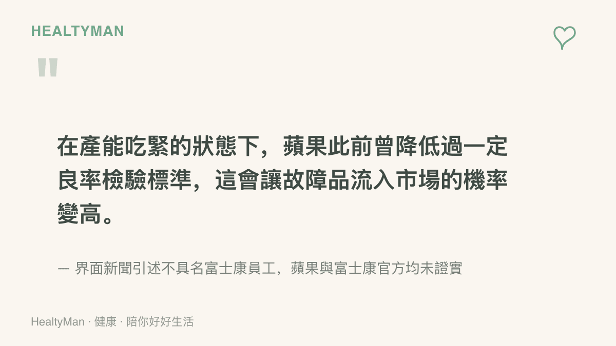 圖卡呈現界面新聞引述不具名富士康員工的關鍵說法，指蘋果在產能喫緊時曾放寬良率檢驗標準，並註明該說法未經官方證實