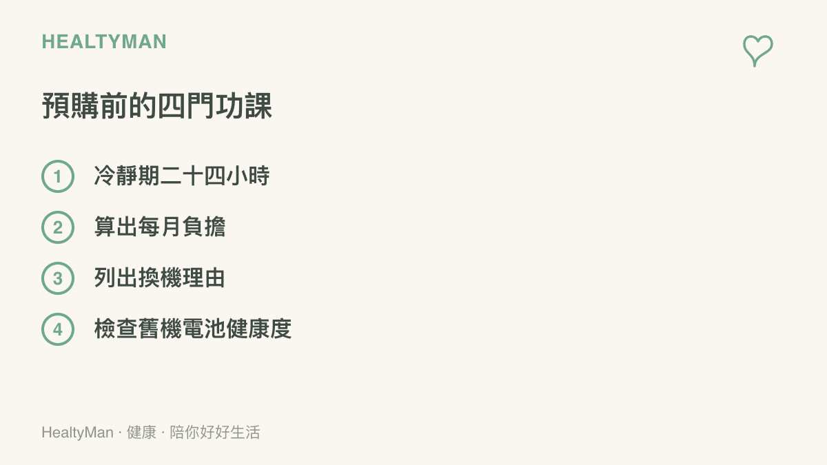 清單圖卡列出預購新手機前的四項準備，包括二十四小時冷靜期、試算每月負擔、列出換機理由與檢查舊機電池健康度