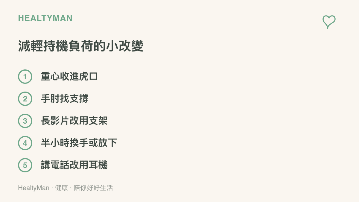 清單列出五項減輕單手持機負荷的做法，包含調整握持重心、讓前臂有支撐、追劇使用手機架、定時換手休息，以及通話時改戴耳機