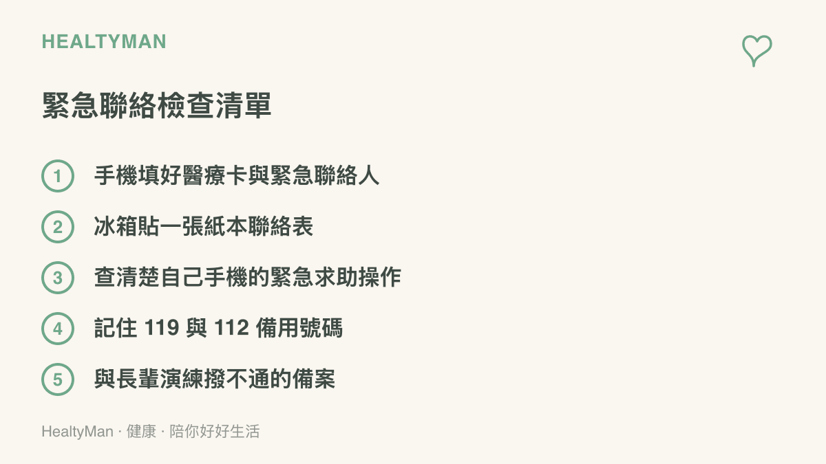 緊急聯絡檢查清單列出五項：填寫醫療卡與緊急聯絡人、冰箱張貼紙本聯絡表、查清楚手機緊急求助操作、記住 119 與 112 號碼、與長輩演練撥不通時的備案