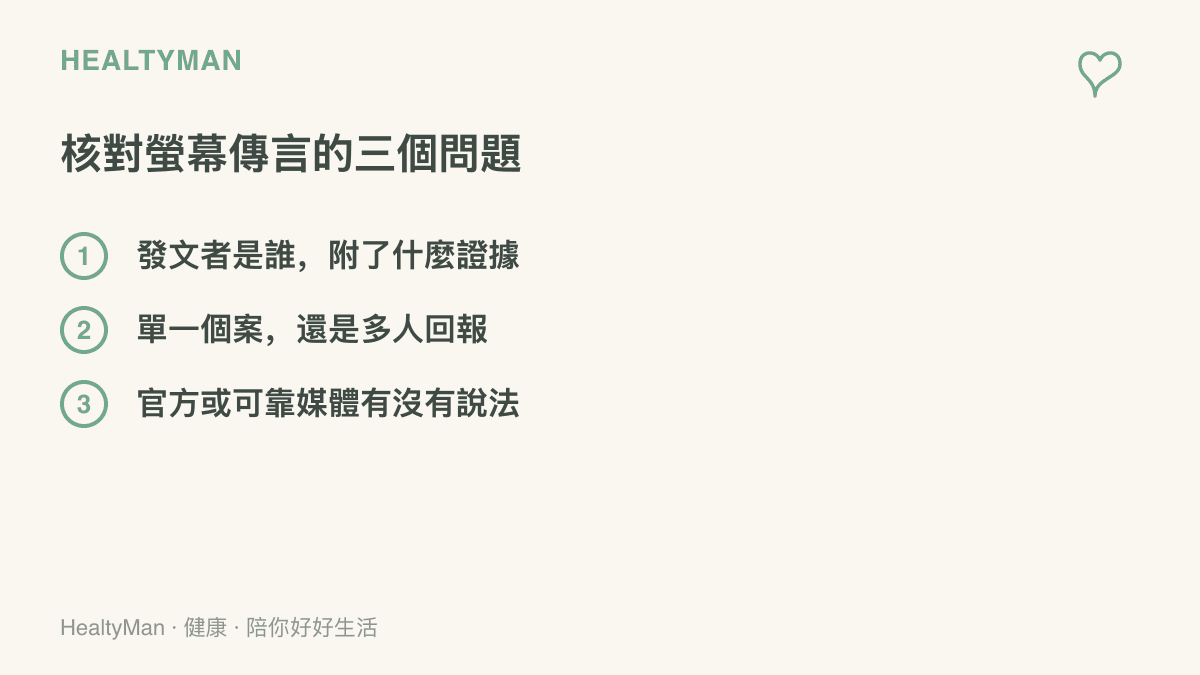 清單圖列出核對螢幕問題傳言的三個提問：發文者身分與證據形式、個案或通案的差別，以及官方與媒體是否已有回應