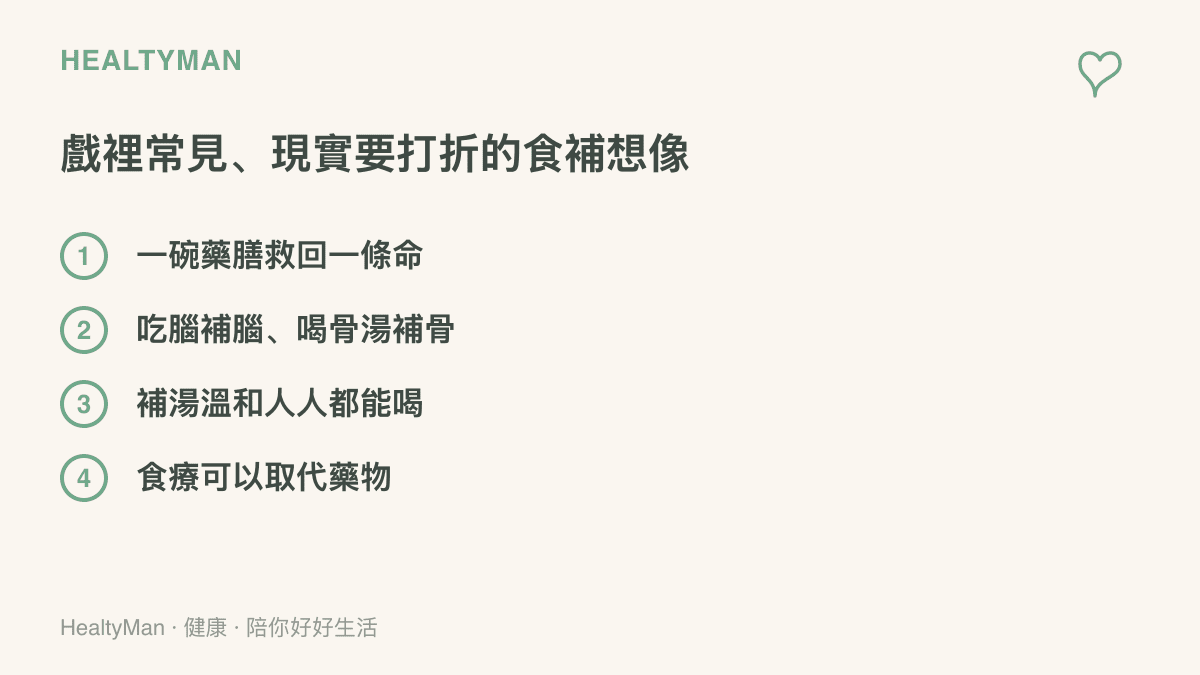 圖中列舉四種常在戲劇與長輩羣組出現的食補想像：一碗湯救人一命、以形補形、補湯人人可喝、食療取代藥物，並提醒這些說法在現實中都需要打折看待