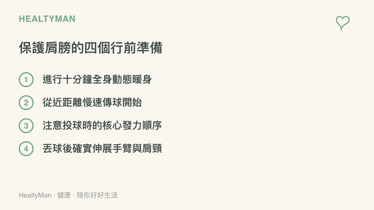 列舉出保護肩膀的四個行前準備事項，包含動態暖身、近距離傳球、核心發力與確實伸展