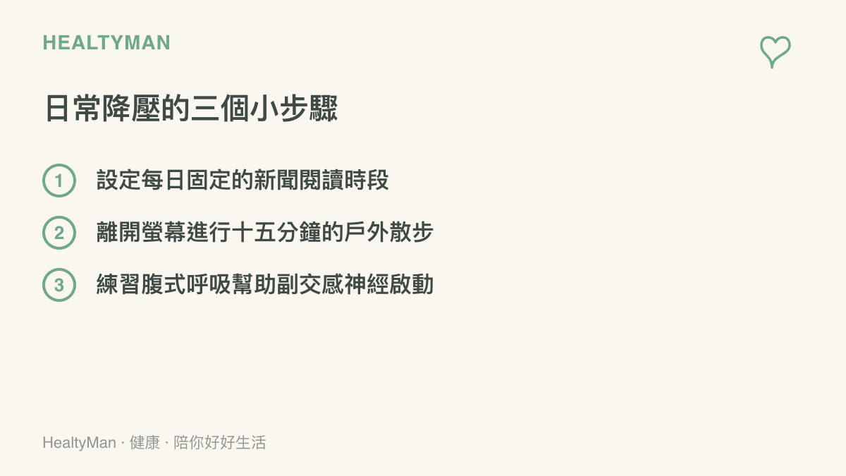 條列式呈現降低新聞焦慮的三種方法，包含限制閱讀時間、戶外散步與腹式呼吸練習。