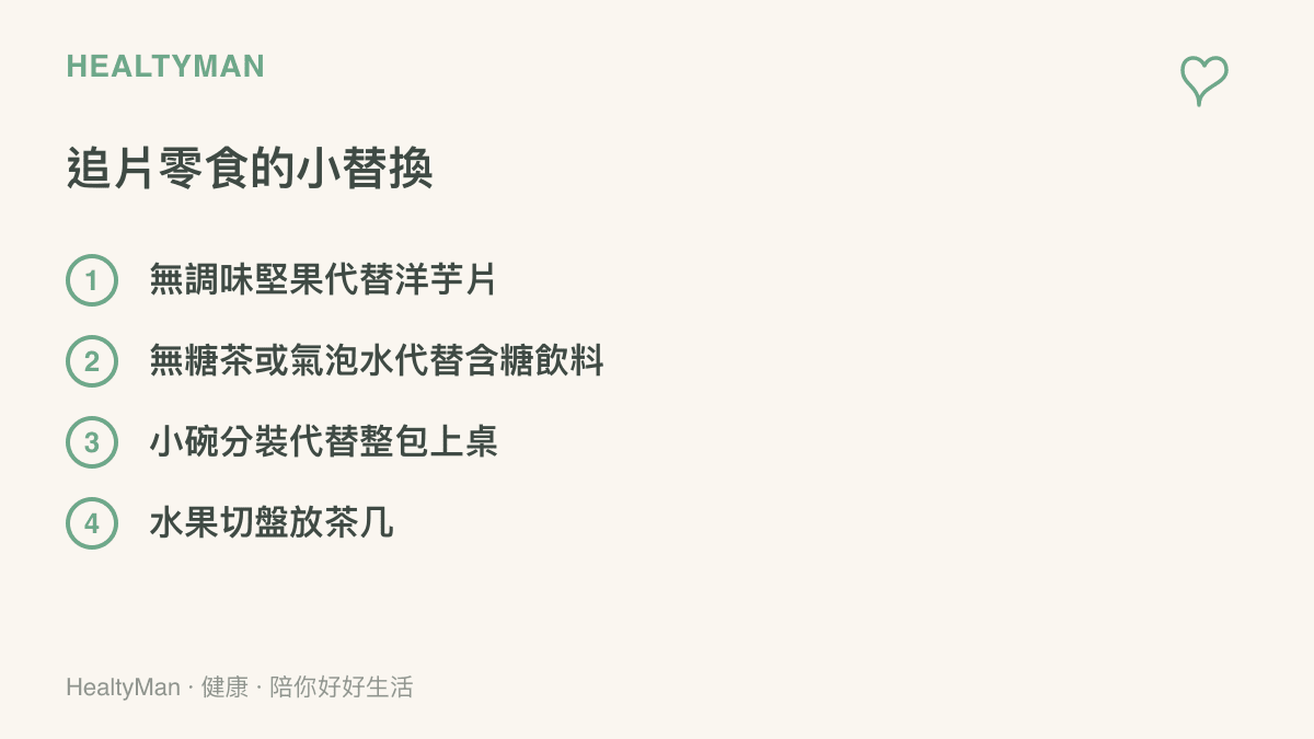 清單列出追片零食的替代方案：無調味堅果、無糖茶或氣泡水、小碗分裝與水果切盤