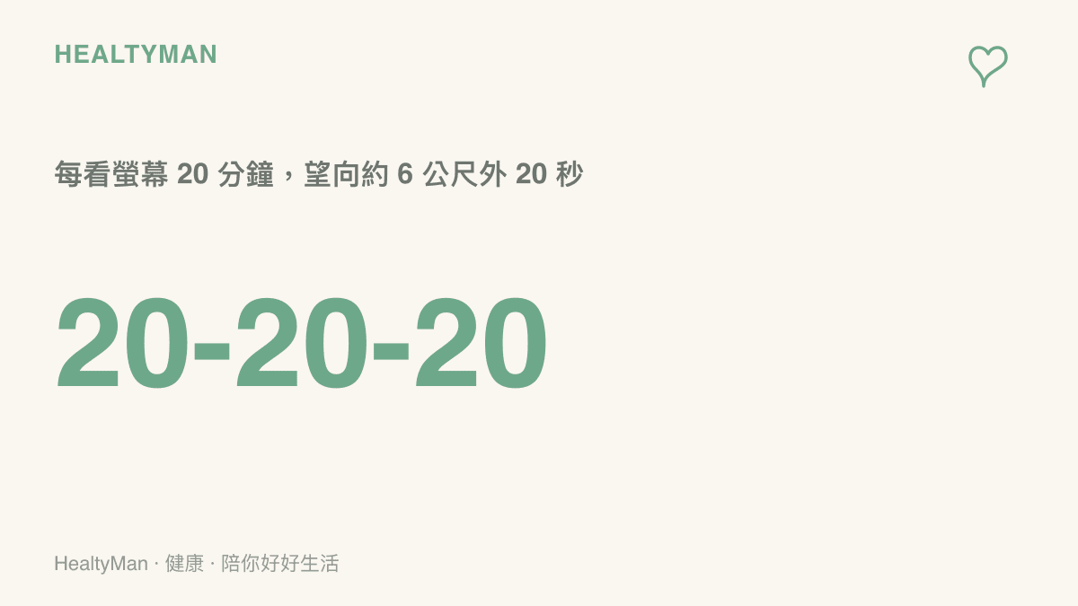 數字標語呈現 20-20-20 護眼原則：每看螢幕 20 分鐘就望向 6 公尺遠處 20 秒