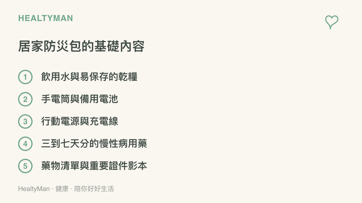 清單圖列出居家防災包應準備的基礎項目，包含飲水與乾糧、手電筒與備用電池、行動電源與充電線、三到七天分的慢性病備用藥，以及個人藥物清單和證件影本