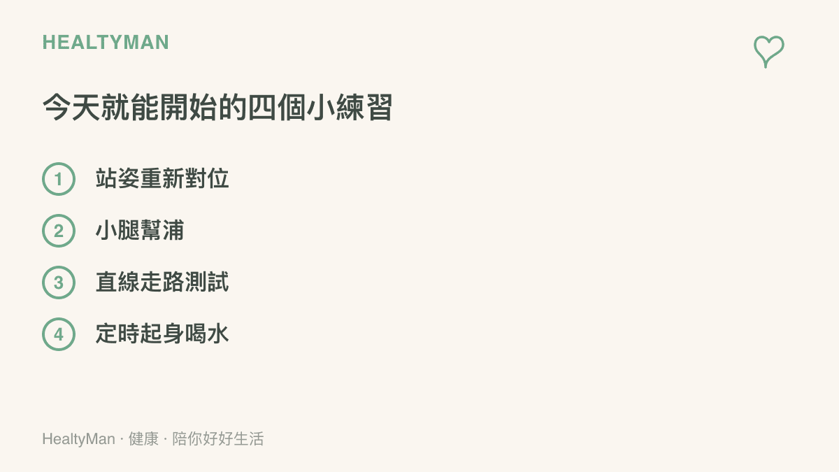 圖卡列出站姿重新對位、小腿幫浦、直線走路測試與定時起身喝水四項隨時可做的身體練習