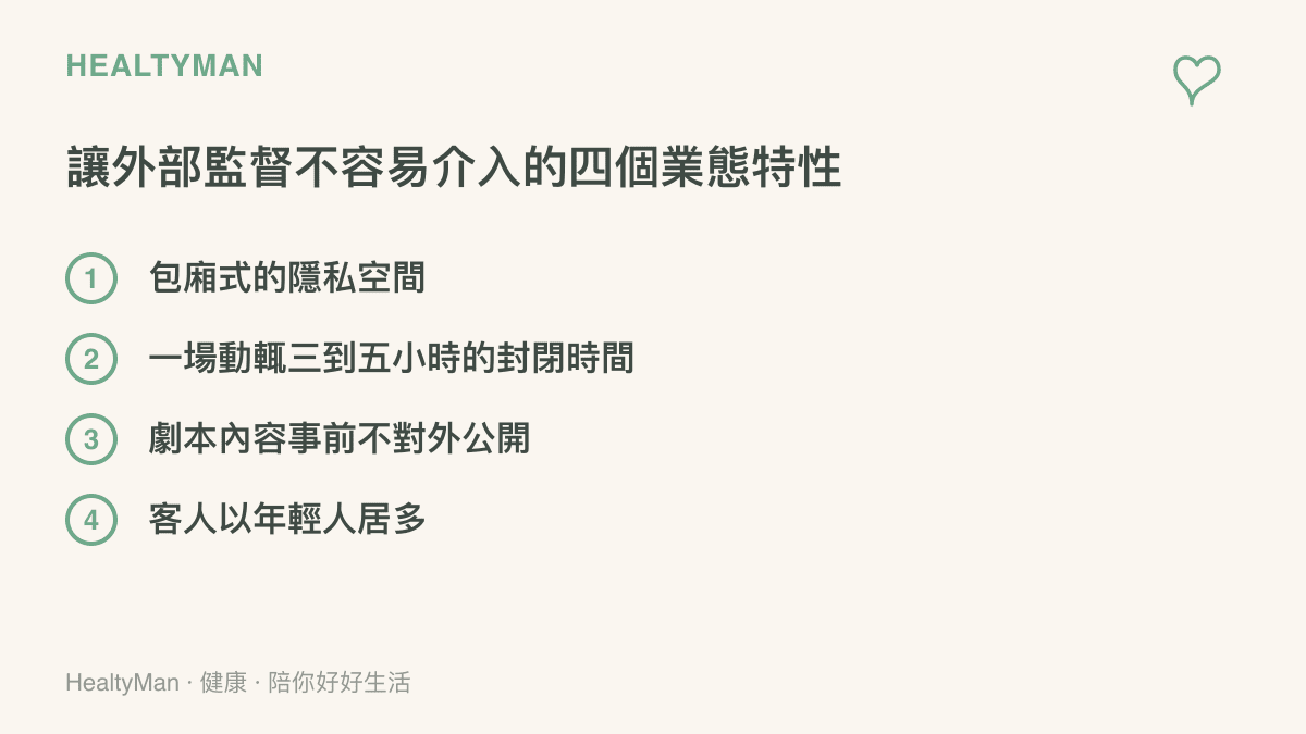 清單列出劇本殺場所讓外部監督不易介入的四個特性，包括包廂式隱私空間、單場三到五小時的封閉時間、劇本內容事前不公開、客人以年輕人居多