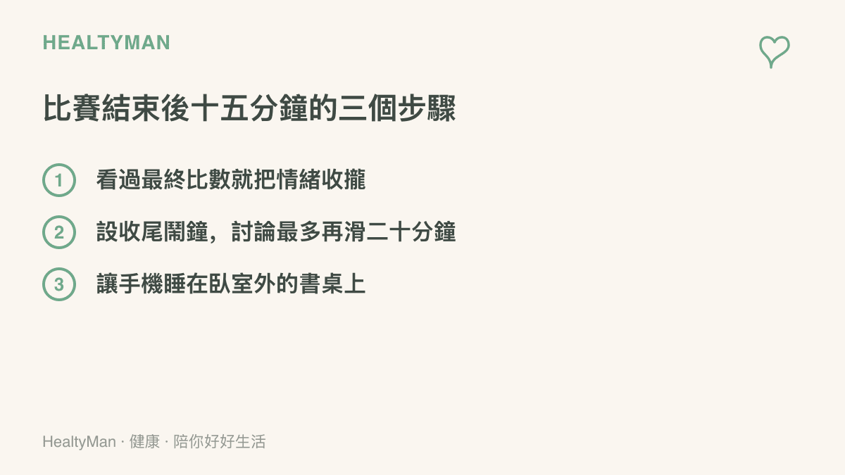 清單列出賽後收尾三步驟：看完最終結果先收攏情緒、設鬧鐘限制滑討論的時間，最後把手機放到臥室外，降低躺牀後繼續滑的機會