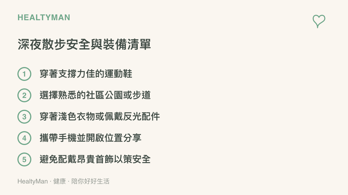 一個清單圖卡，列出了深夜散步時需要注意的五項安全與裝備重點，包括運動鞋、熟悉步道、反光配件、手機位置分享與不佩戴首飾。