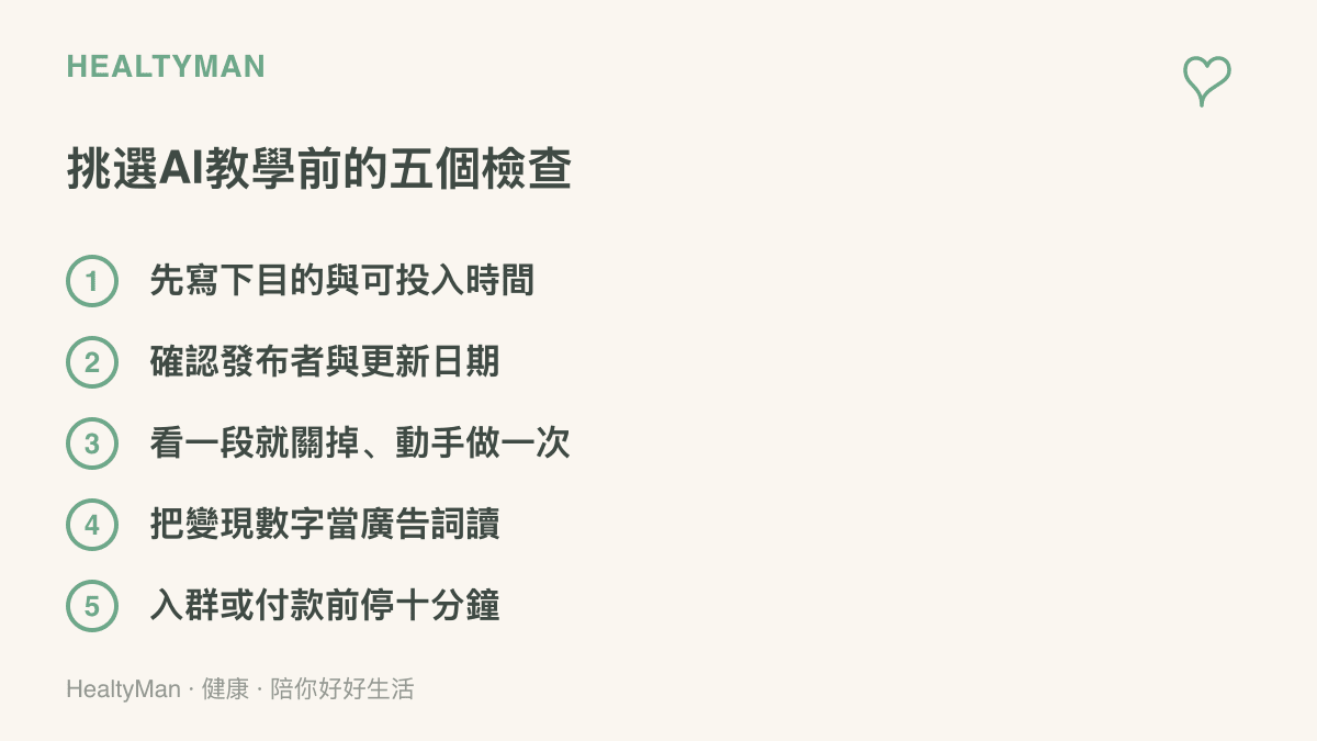 清單呈現挑選AI教學前的五個檢查步驟，包括目的盤點、更新日期確認、動手練習、變現數字的解讀與付款前的緩衝