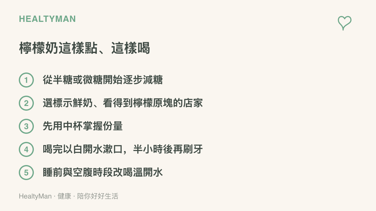 列出點購與飲用檸檬奶的調整做法，包含減糖節奏、挑選店家、份量控制、漱口護齒與飲用時段安排