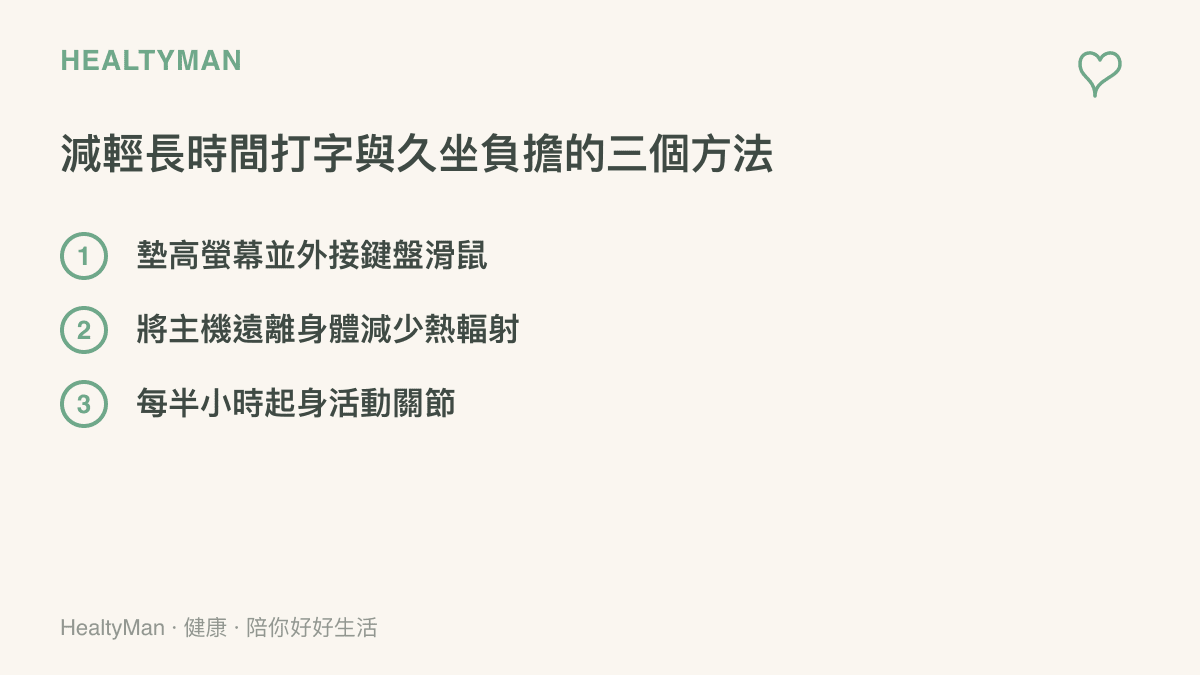 清單圖卡列舉出三個減輕專業工作者長時間使用電腦負擔的方法，包含墊高螢幕、主機遠離身體與定時起身活動