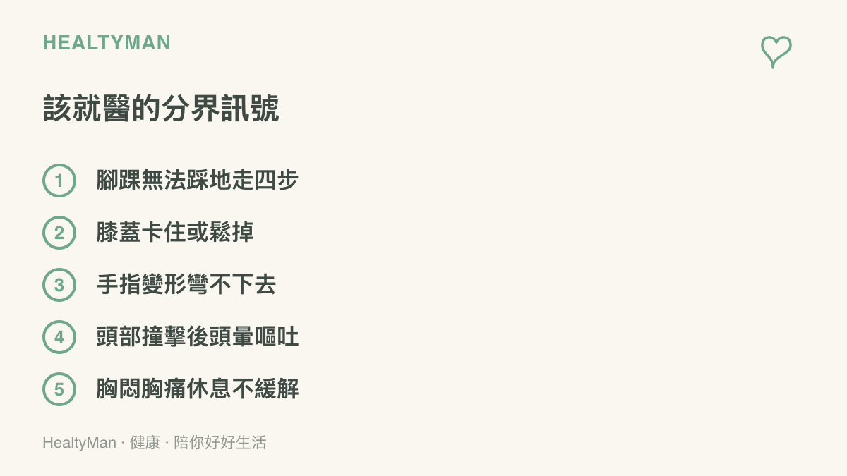 清單圖列出五種打球後該就醫的分界訊號，包括腳踝扭傷後無法踩地行走四步、膝蓋卡住或鬆動、手指變形無法彎曲、頭部撞擊後頭暈嘔吐，以及休息後仍不緩解的胸悶胸痛