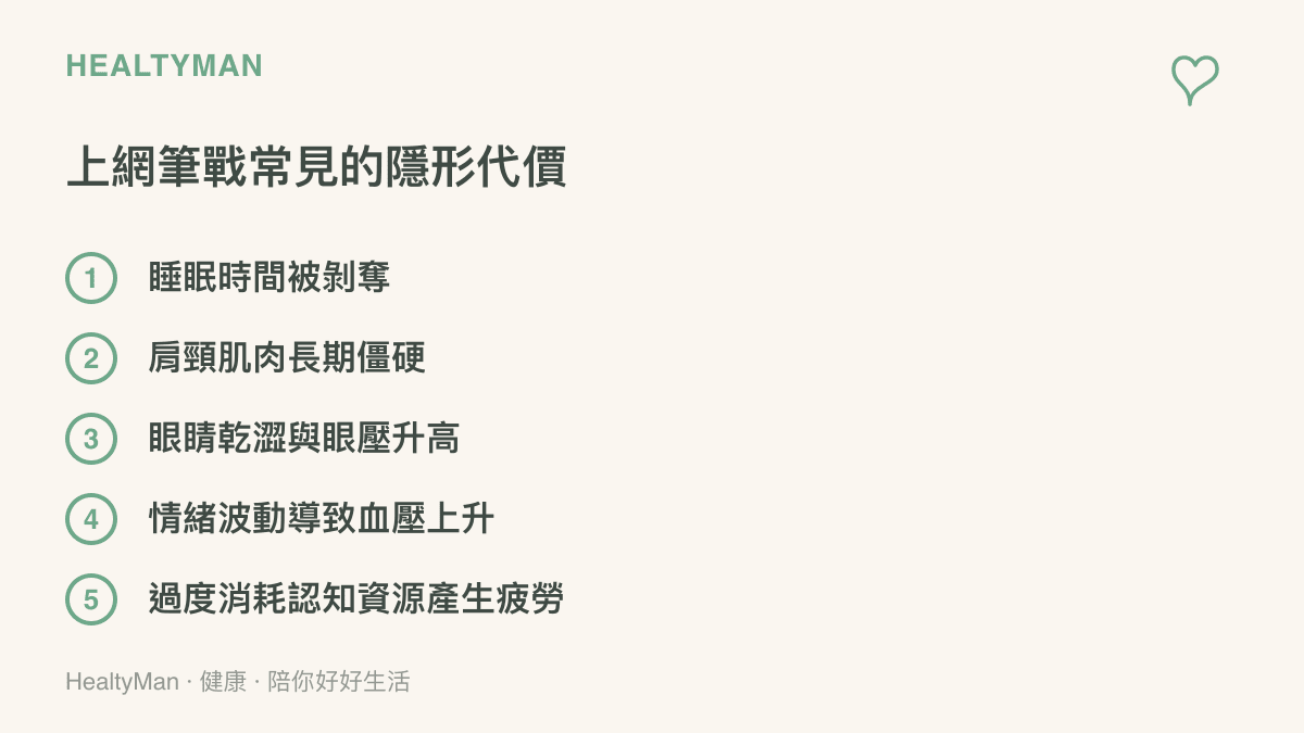 清單圖卡列舉出長時間參與網路論戰會造成的五種生理與心理負面影響