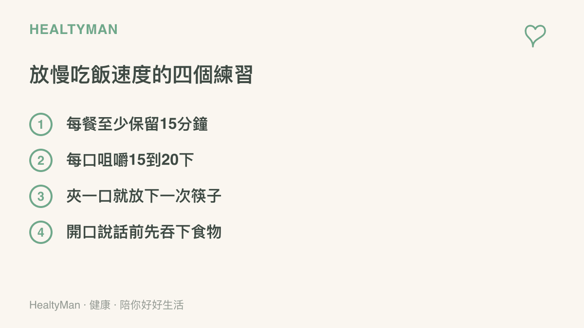 清單列讓喫飯速度放慢的四個練習，包含預留用餐時間、每口咀嚼次數、放下筷子的節奏，以及開口說話前先把口中食物吞下