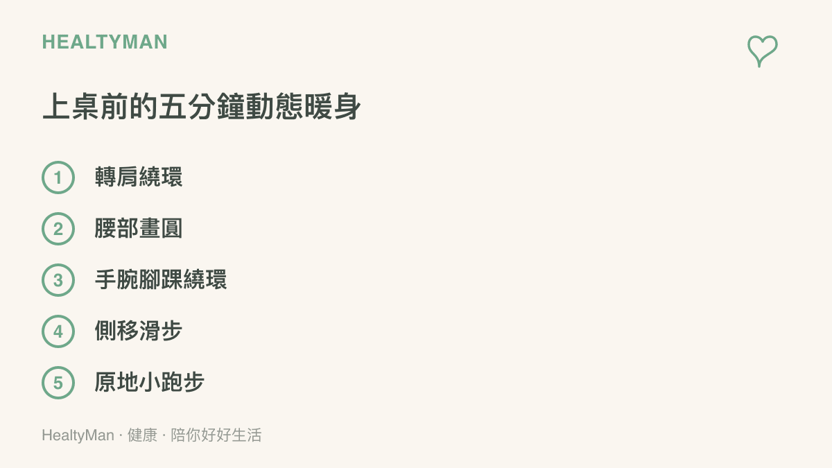 清單列出打桌球前五分鐘可以完成的動態暖身動作，包含轉肩繞環、腰部畫圓、手腕腳踝繞環、側移滑步與原地小跑步