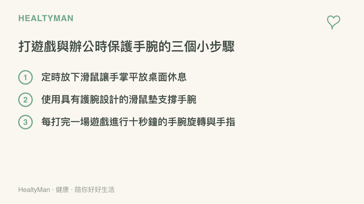 列出臺灣電競玩家與上班族日常保護手腕的三個方法：定時休息、使用護腕滑鼠墊、進行手腕伸展