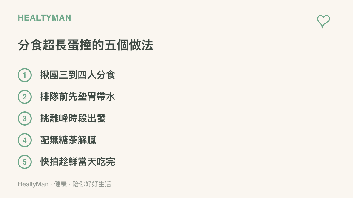 清單列出分食超長蛋撞的五個做法，包括揪團分食、排隊前墊胃帶水、挑離峯時段、配無糖茶與快拍趁鮮喫完