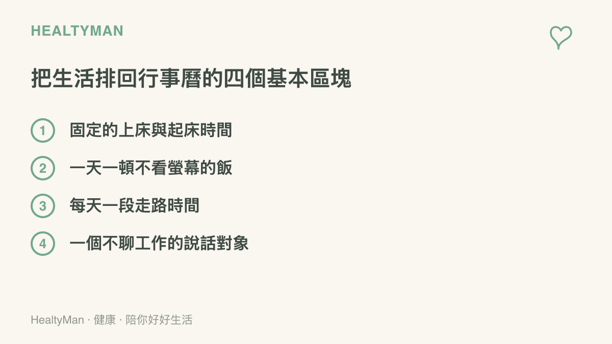 這張圖列出把生活排回行事曆的四個具體區塊：固定的睡眠時間、一頓不看螢幕的飯、每天走路，以及一個不聊工作的說話對象