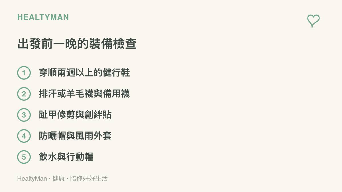 清單圖卡列出長距離健行出發前的五項裝備檢查：穿順的健行鞋、排汗或羊毛襪與備用襪、趾甲修剪與創絆貼、防曬帽與風雨外套、飲水與行動糧
