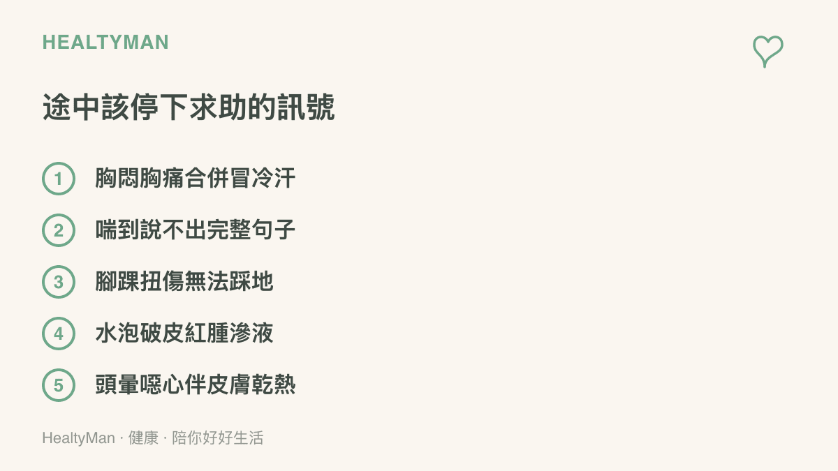 清單圖卡列出徒步途中應立即停止並求助的五種訊號：胸悶合併冒冷汗、喘到說不出完整句子、扭傷後無法踩地、水泡破皮紅腫滲液、頭暈噁心伴皮膚乾熱