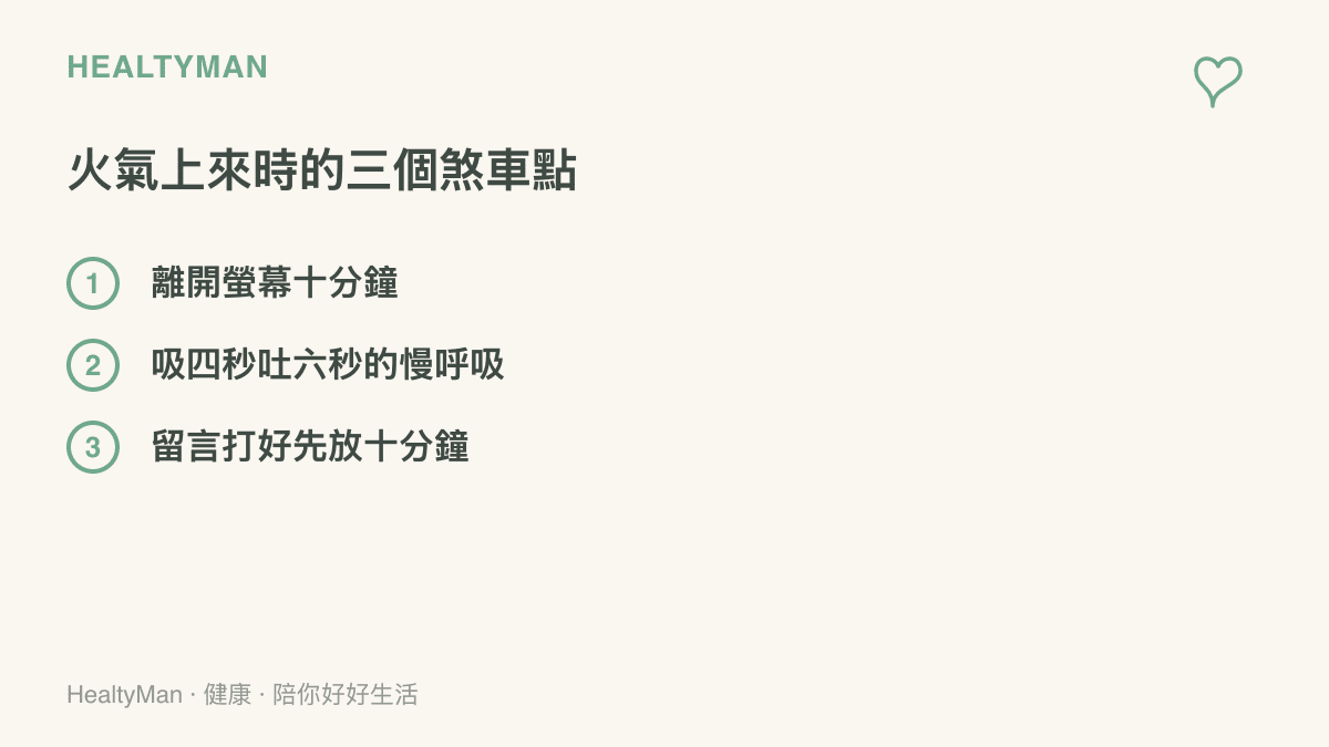 圖卡列出憤怒當下的三個降溫步驟：離開螢幕十分鐘、做吸四秒吐六秒的慢呼吸、留言打好後先放十分鐘再決定送出