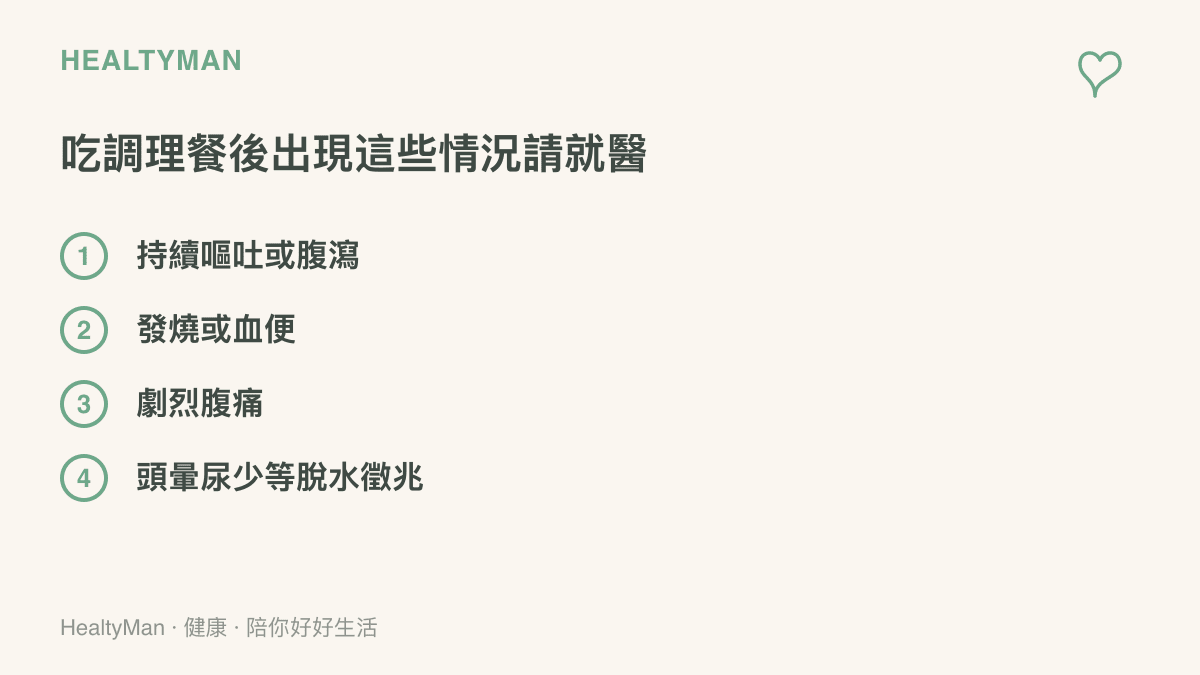 清單列出食用調理餐後需要盡快就醫的警訊，包含持續嘔吐或腹瀉、發燒或血便、劇烈腹痛，以及頭暈尿少等脫水徵兆