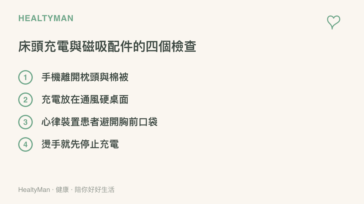 清單圖列出手機牀頭充電的四個安全檢查，包含手機遠離枕頭棉被、充電放在通風桌面、心律裝置患者避開胸前口袋，以及燙手時先停止充電