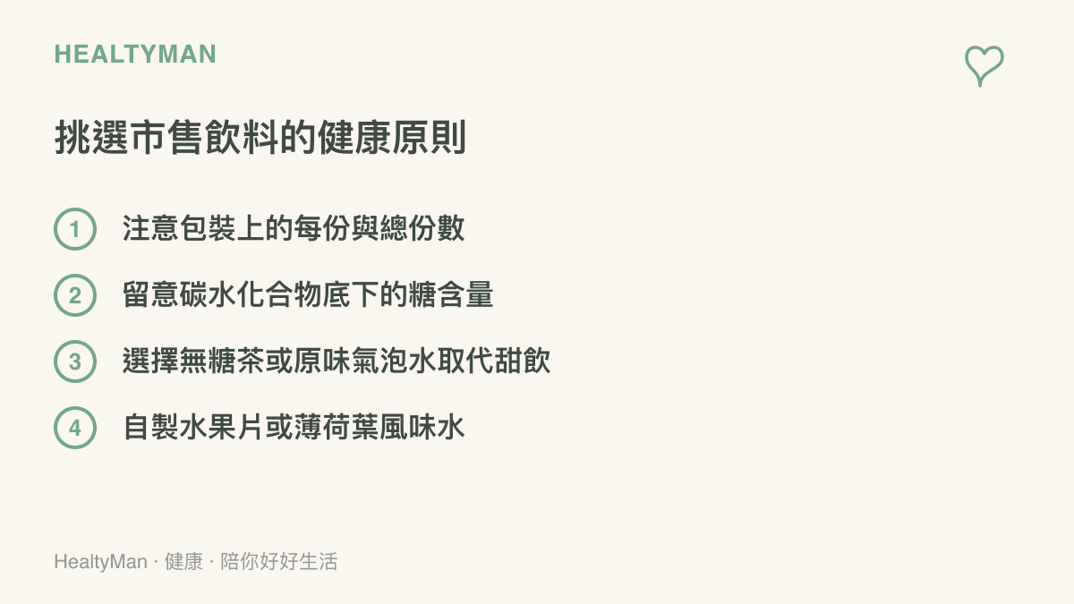 清單圖卡列出挑選市售飲料時的四個健康原則，包含看懂份數、留意糖含量、選擇無糖替代品與自製風味水
