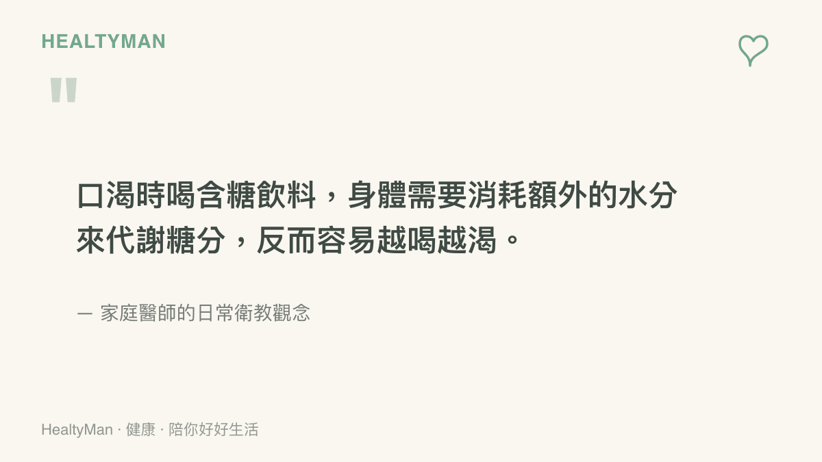 引言圖卡說明喝含糖飲料補水其實會消耗身體水分來代謝糖分的醫學觀念