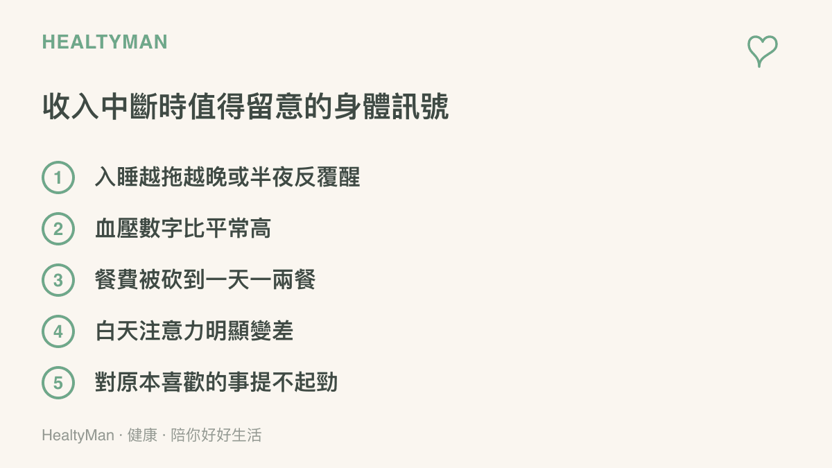 圖卡列舉收入中斷期間值得留意的五個身體訊號：入睡困難或半夜醒來、血壓偏高、餐數被砍、注意力變差、興趣降低