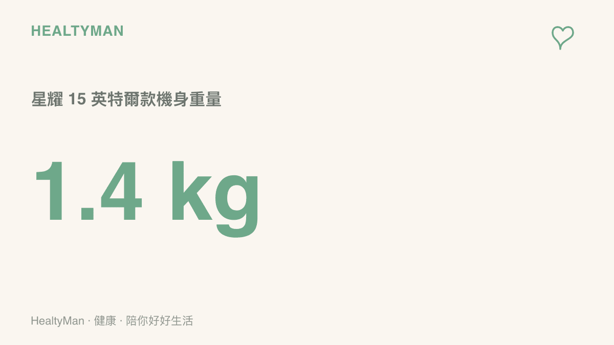 圖卡以大字標示星耀15英特爾款輕薄筆電的機身重量為1.4公斤，並提醒實際背包總重還要加上充電器與隨身物品