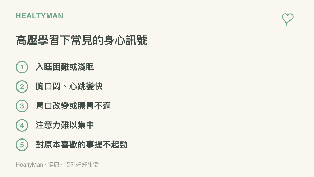 列舉醫學生在高壓學習環境中常出現的五個身心警訊，包括失眠、胸悶、腸胃不適、注意力下降與情緒低落