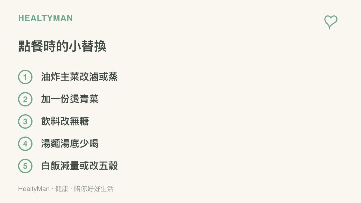 點外送時可以考慮的五個小替換，包含把油炸主菜換成滷或蒸、加購燙青菜、飲料選無糖、湯麵湯底少喝與白飯減量