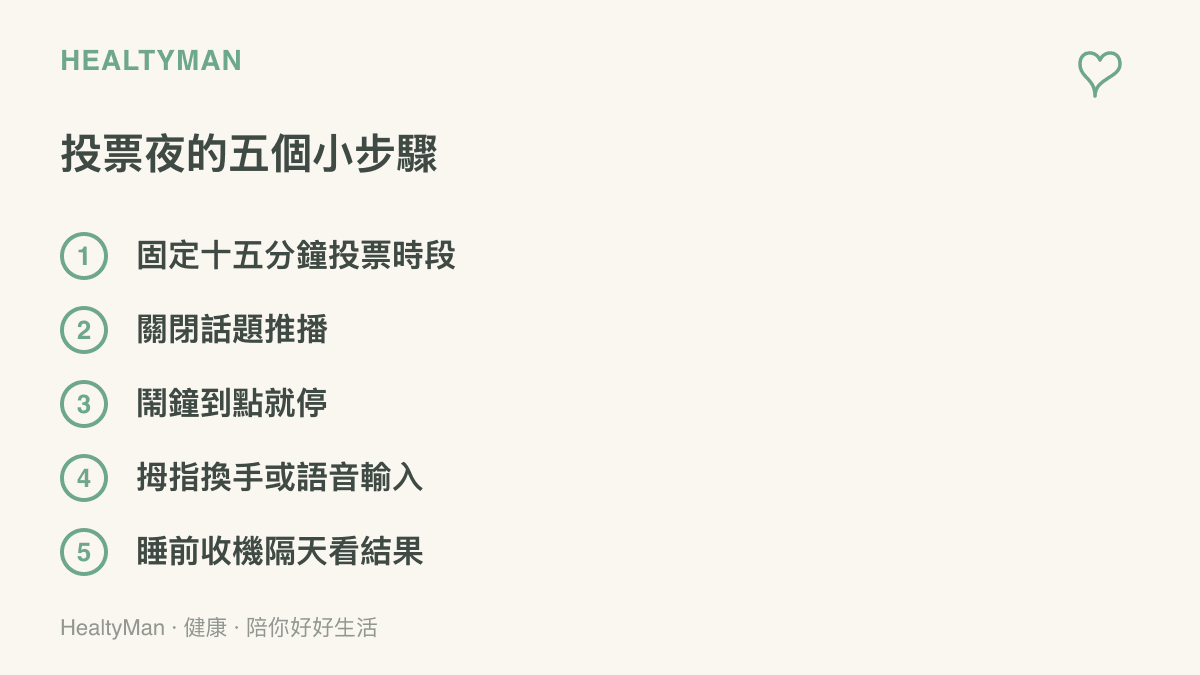 投票夜可執行的五個步驟：固定十五分鐘投票時段、關閉話題推播、鬧鐘到點就停、拇指換手操作或語音輸入、睡前收機隔天再看結果